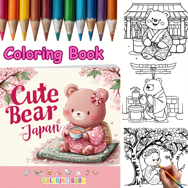 28 Pages Cute Bear in Japan Co - Adult Coloring Book Stress Relief ulasan dan harga